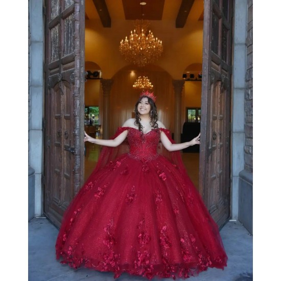 Cape Sleeve Burgundy Quinceanera Dress Beading Sweetheart Neck 15 Dresses