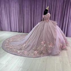 Cape Sleeve Lilac Quinceanera Dresses 3D Flowers V Neck 15 Ball Gown