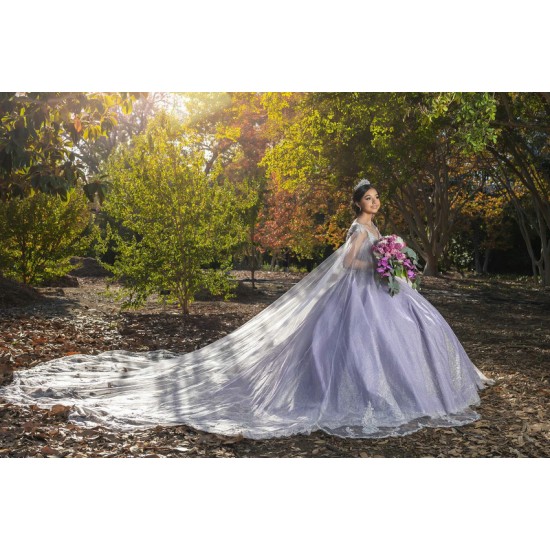 Cape Sleeve Lilac Quinceanera Dresses V Neck Lace Appliques Ball Gown 15 Dress