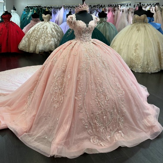 Cape Sleeve Pink Quinceanera Dress Sweetheart Neck Sweet 15 Gowns Sequin Vestidos De 15 Anos With Cathedral Train