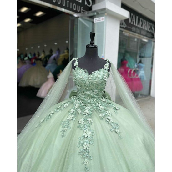 Cape Sleeve Sage Green Quinceanera Dress Sweetheart Bow 15 Ball Gown Dresses