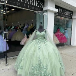 Cape Sleeve Sage Green Quinceanera Dress Sweetheart Bow 15 Ball Gown Dresses