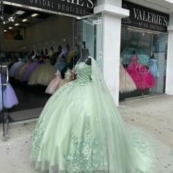 Cape Sleeve Sage Green Quinceanera Dress Sweetheart Bow 15 Ball Gown Dresses