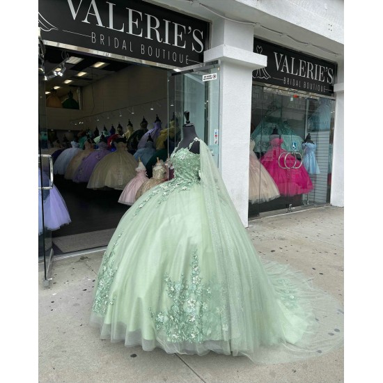 Cape Sleeve Sage Green Quinceanera Dress Sweetheart Bow 15 Ball Gown Dresses