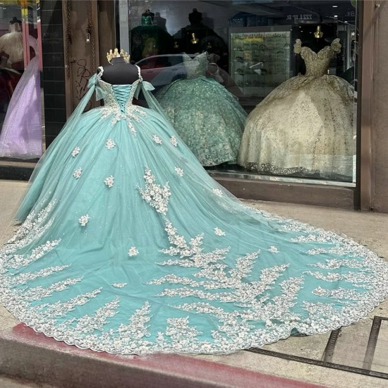 Cape Sleeve Tiffany Blue Quinceanera Dresses V Neck 15 Ball Gown