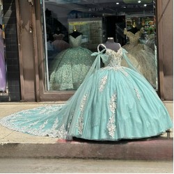 Cape Sleeve Tiffany Blue Quinceanera Dresses V Neck 15 Ball Gown