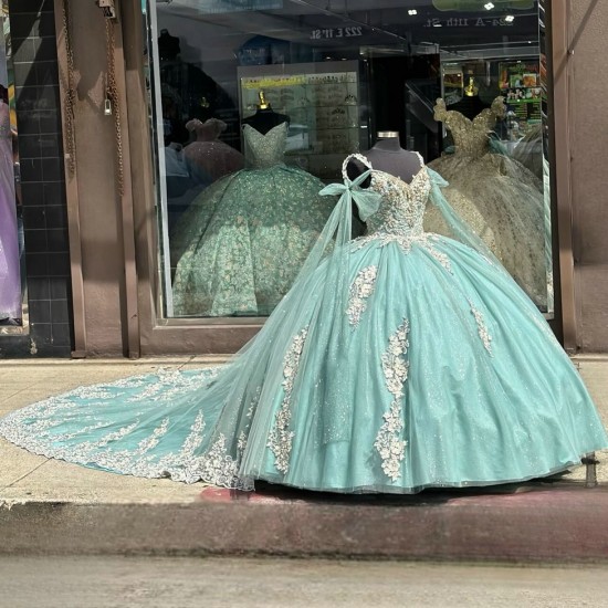 Cape Sleeve Tiffany Blue Quinceanera Dresses V Neck 15 Ball Gown