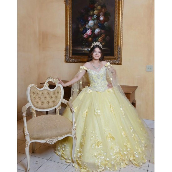 Cape Sleeve Yellow Quinceanera Dress V Neck 15 Dresses With 3D Flowers