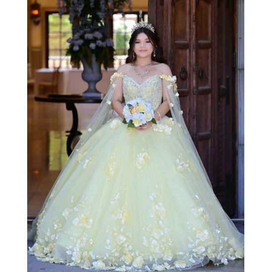 Cape Sleeve Yellow Quinceanera Dress V Neck 15 Dresses With 3D Flowers