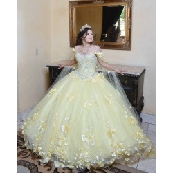 Cape Sleeve Yellow Quinceanera Dress V Neck 15 Dresses With 3D Flowers