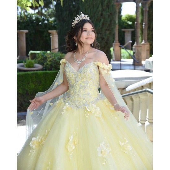 Cape Sleeve Yellow Quinceanera Dress V Neck 15 Dresses With 3D Flowers