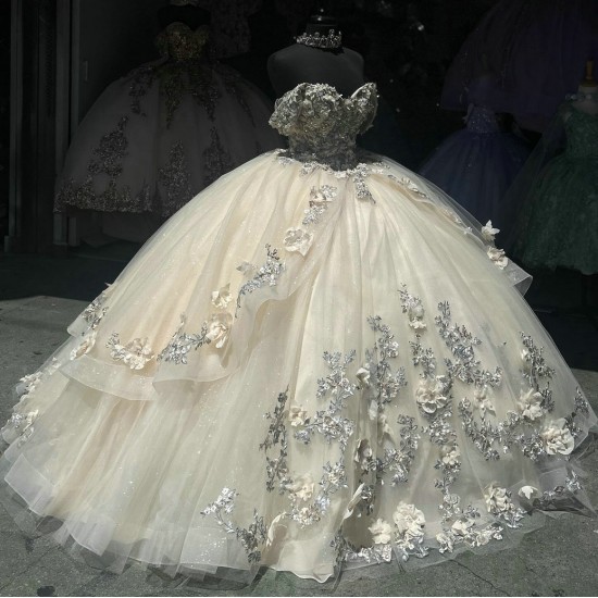 Champagne Quinceanera Dress 3D Floral Appliques 15 Dresses Off Shoulder Ball Gown