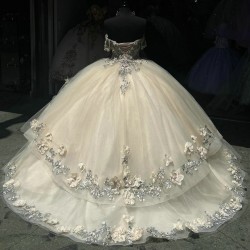 Champagne Quinceanera Dress 3D Floral Appliques 15 Dresses Off Shoulder Ball Gown