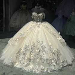 Champagne Quinceanera Dress 3D Floral Appliques 15 Dresses Off Shoulder Ball Gown