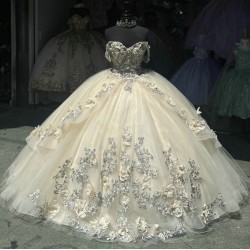 Champagne Quinceanera Dress 3D Floral Appliques 15 Dresses Off Shoulder Ball Gown