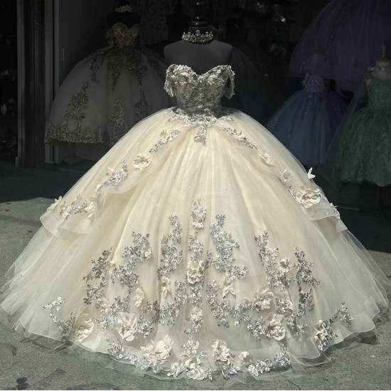 Champagne Quinceanera Dress 3D Floral Appliques 15 Dresses Off Shoulder Ball Gown