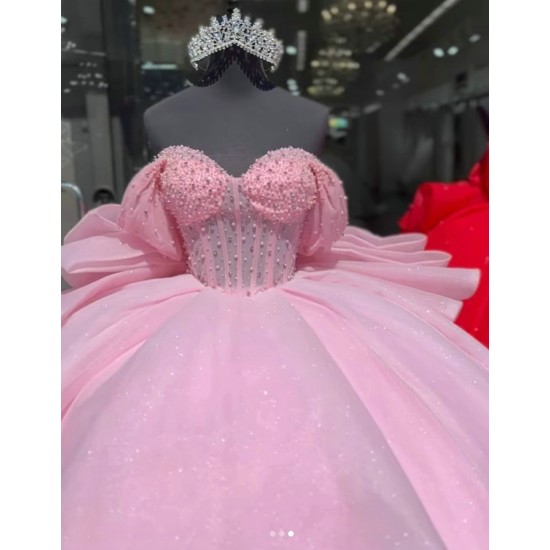 Corset Bodice Pearls Royal Pink Quinceanera Dresses With Bowtie