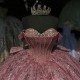 Crystal Rose Gold Quinceanera Dresses Off Shoulder Sequin 15 Dress With Bow