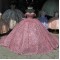 Crystal Rose Gold Quinceanera Dresses Off Shoulder Sequin 15 Dress With Bow