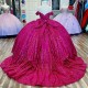 Crystal Rose Red Sequined Quinceanera Dresses Off The Shoulder Vestidos 15 De XV Anos