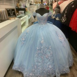 Crystal Sky Blue Quince Dresses Sweetheart Neck 15 Dress With Bow