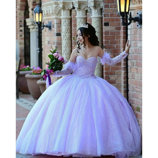 Detachable Lilac Quince Dresses Metallic Sequin Sweetheart Neck 15 Dress