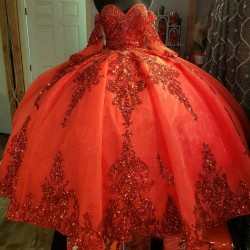 Detachable Red Quince Dresses Metallic Sequin 15 Dress Sweetheart Neck Ball Gown