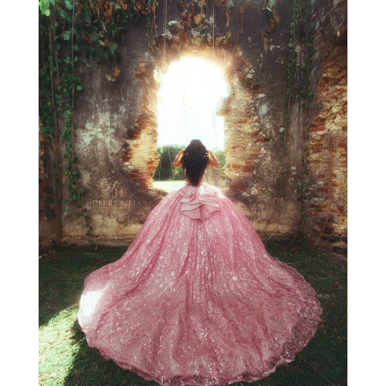 Detachable Sleeve Quinceanera Dress Pink Sequin Vestidos De 15 Anos With Bow