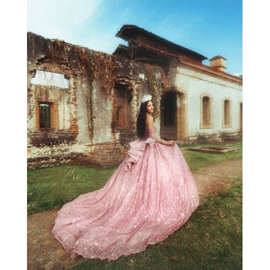 Detachable Sleeve Quinceanera Dress Pink Sequin Vestidos De 15 Anos With Bow