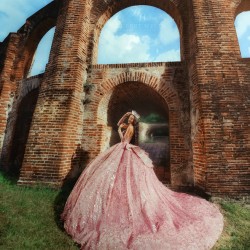 Detachable Sleeve Quinceanera Dress Pink Sequin Vestidos De 15 Anos With Bow