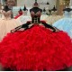 Embroidery Ruffled mexican Black and Red Charro Quinceanera Dresses