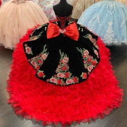 Embroidery Ruffled mexican Black and Red Charro Quinceanera Dresses