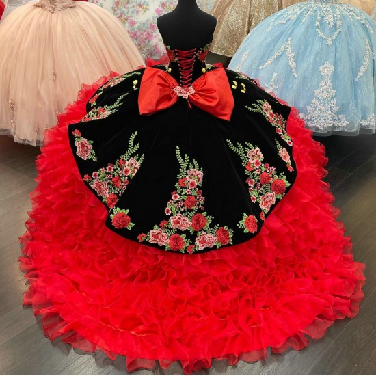 Embroidery Ruffled mexican Black and Red Charro Quinceanera Dresses