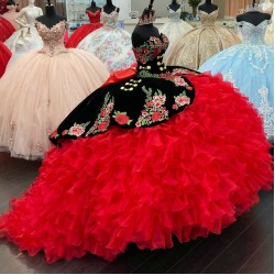 Embroidery Ruffled mexican Black and Red Charro Quinceanera Dresses