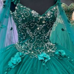 Floor Length Custom Made Green Quinceanera Dresses With Cape