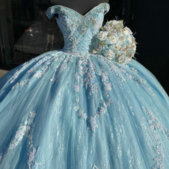 Floor Length Lace Light Sky Blue Quinceanera Dresses Customize