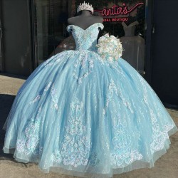 Floor Length Lace Light Sky Blue Quinceanera Dresses Customize