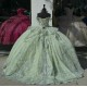 Fringe Sleeve Sage Green Quince Dresses 15 Dress Sweetheart Neck Ball Gown With Bow