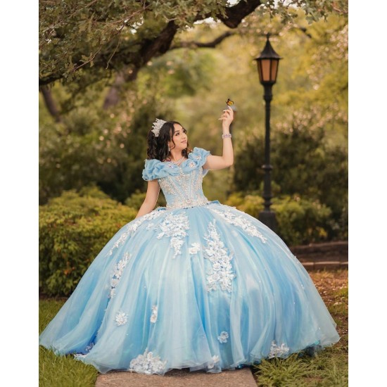 Girls Sky Blue Quince Dress Sweetheart Neck Sweet 16 Dresses With Bow