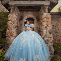 Girls Sky Blue Quince Dress Sweetheart Neck Sweet 16 Dresses With Bow