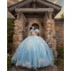 Girls Sky Blue Quince Dress Sweetheart Neck Sweet 16 Dresses With Bow