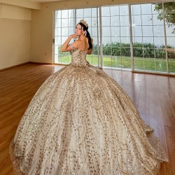 Gold Vestidos De 15 Anos Sweetheart Neck Quinceanera Dress Sequin Off Shoulder Sweet 15 Gowns With 3D Flowers