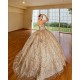 Gold Vestidos De 15 Anos Sweetheart Neck Quinceanera Dress Sequin Off Shoulder Sweet 15 Gowns With 3D Flowers