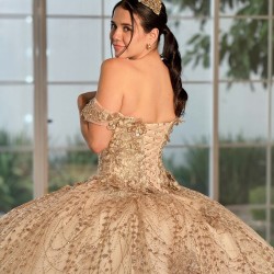 Gold Vestidos De 15 Anos Sweetheart Neck Quinceanera Dress Sequin Off Shoulder Sweet 15 Gowns With 3D Flowers