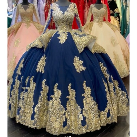 Gold and Royal Blue Quinceanera Dresses With Long Sleeves