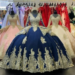 Gold and Royal Blue Quinceanera Dresses With Long Sleeves