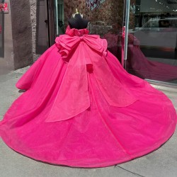 Hot Pink Quince Dress Off Shoulder Vestidos De 15 Anos With Bow