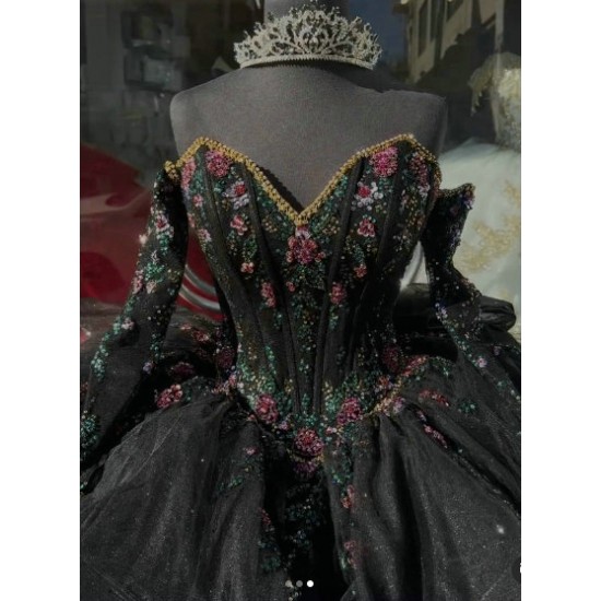 Layer Black Quinceanera Dresses Ball Gown V Neck Long Sleeve15 Dress With Bow