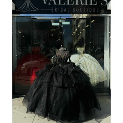 Layer Black Quinceanera Dresses Ball Gown V Neck Long Sleeve15 Dress With Bow