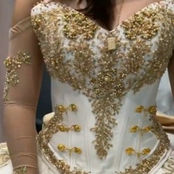 Layered Gold and White Quince Dress Charro Quinceanera Dresses